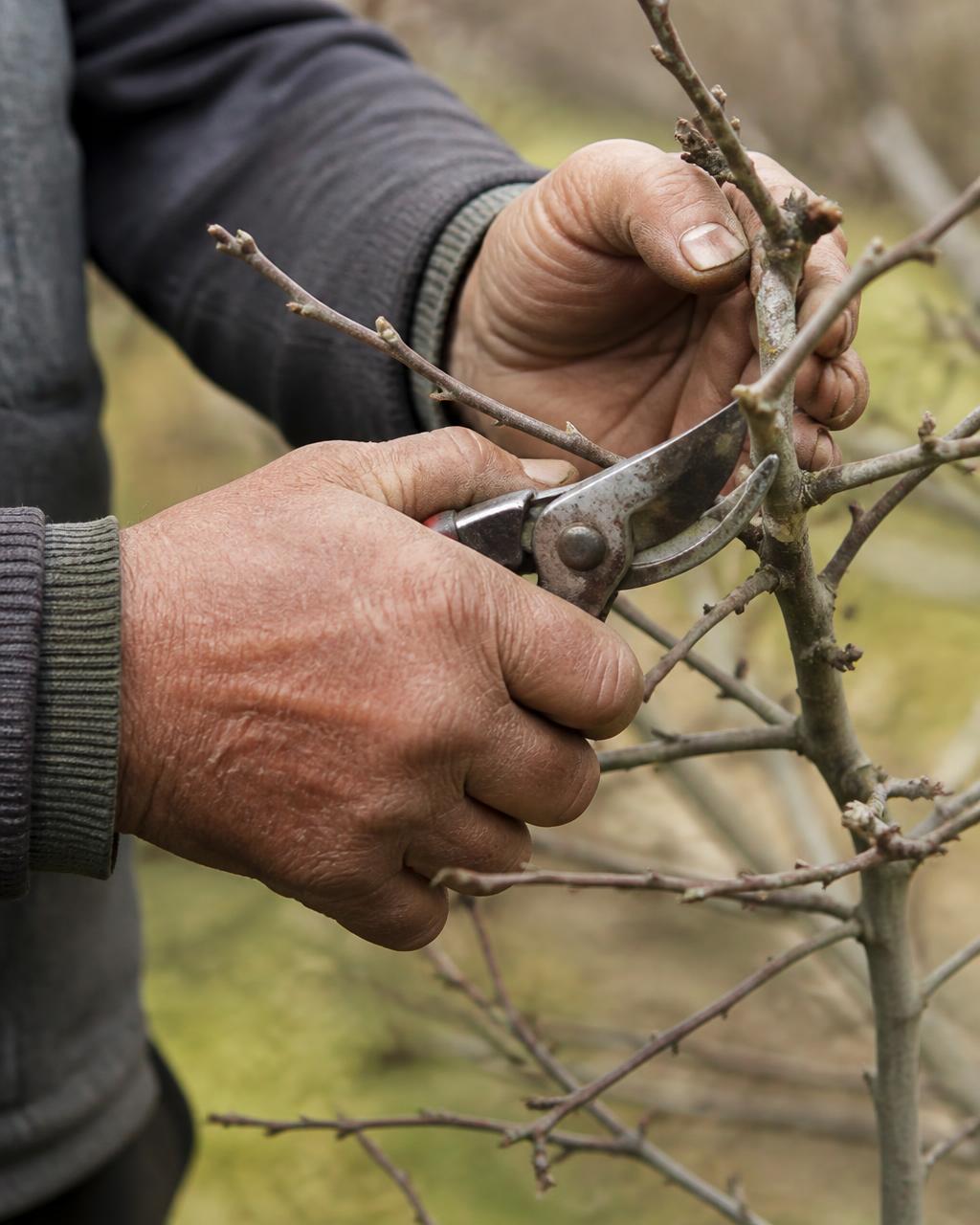 Manos de un trabajador agrícola realizando labores de poda en un huerto frutal